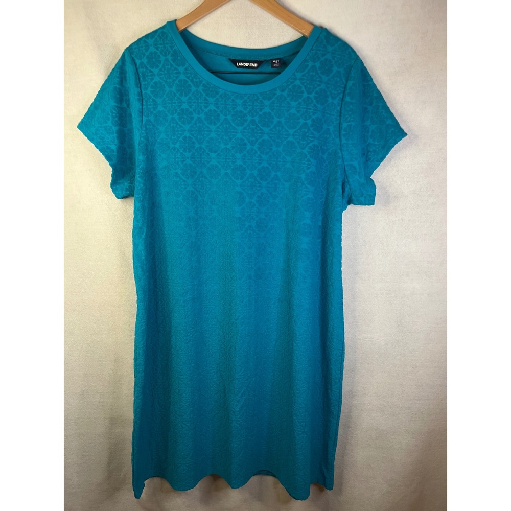 Lands End XL Teal Textured Terry Jacquard Short Sleeve TShirt Mini Dress Coastal